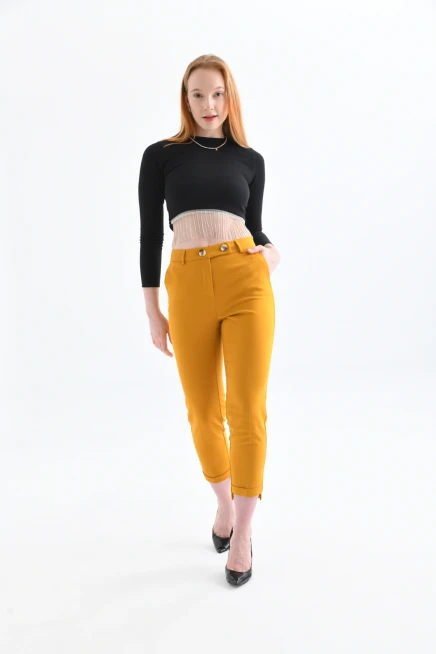 Kadın Hardal Paça Detaylı Kumaş Pantolon