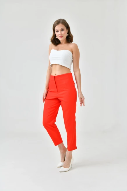 Womens Red Waist Plier Classic Fabric Trousers