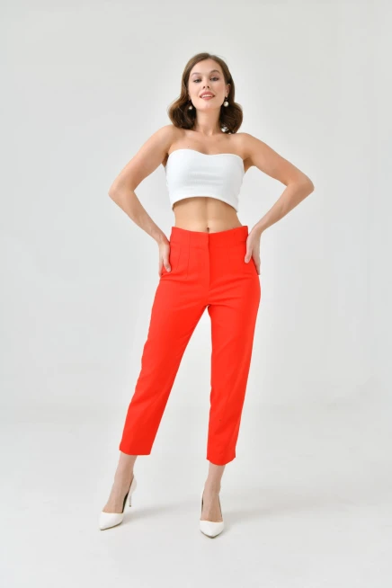 Womens Red Waist Plier Classic Fabric Trousers