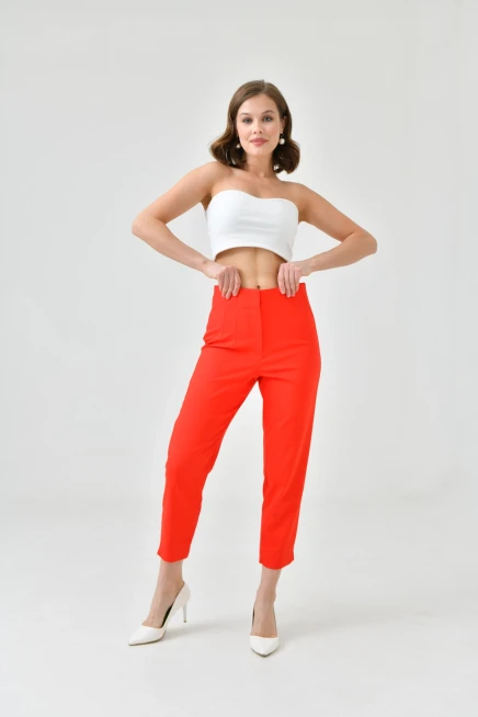 Womens Red Waist Plier Classic Fabric Trousers