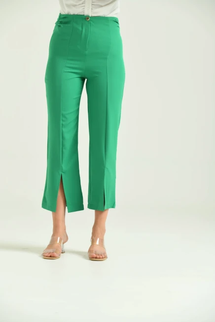 Kadın Koyu Yeşil Beli Büzgülü Paça Detay Kumaş Pantolon