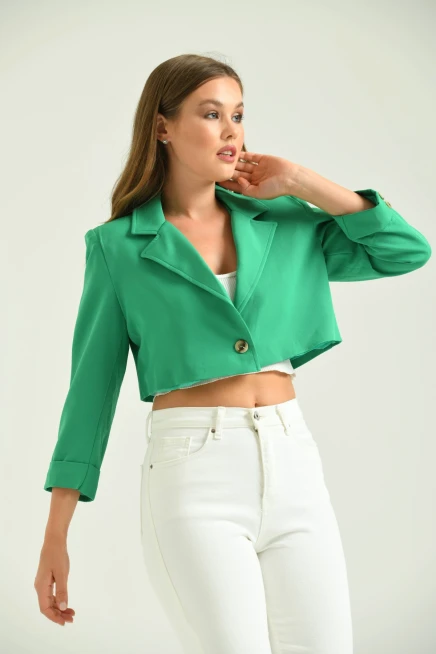 Kadın Koyu Yeşil Tek Düğme Crop Ceket