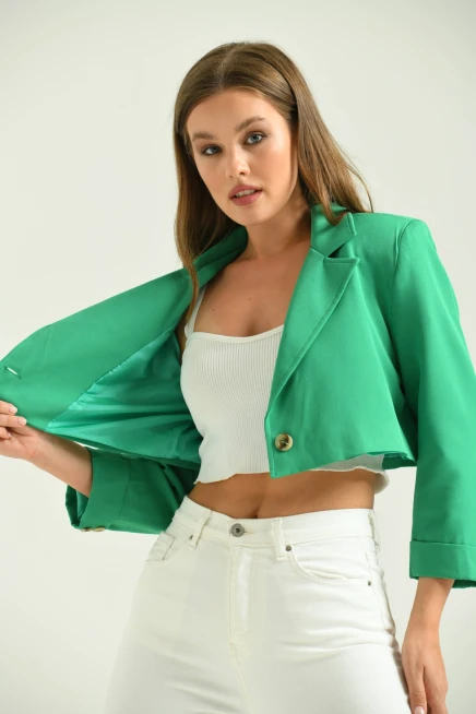 Kadın Koyu Yeşil Tek Düğme Crop Ceket
