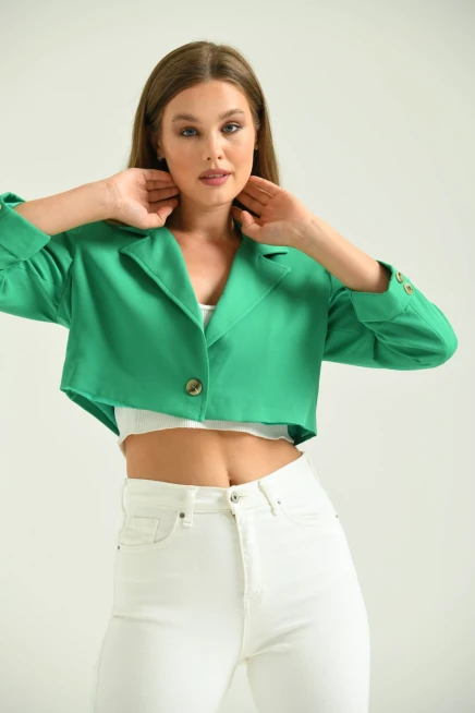 Kadın Koyu Yeşil Tek Düğme Crop Ceket