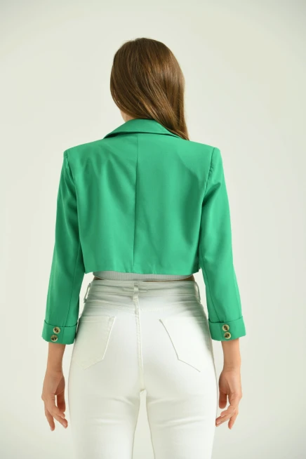 Kadın Koyu Yeşil Tek Düğme Crop Ceket