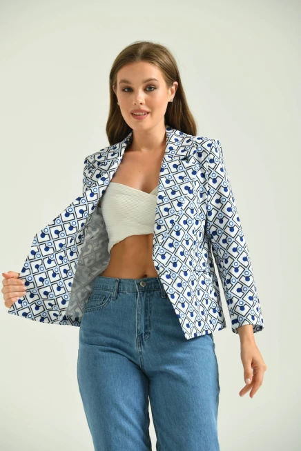 Kadın Mavi Desenli Kısa Ceket