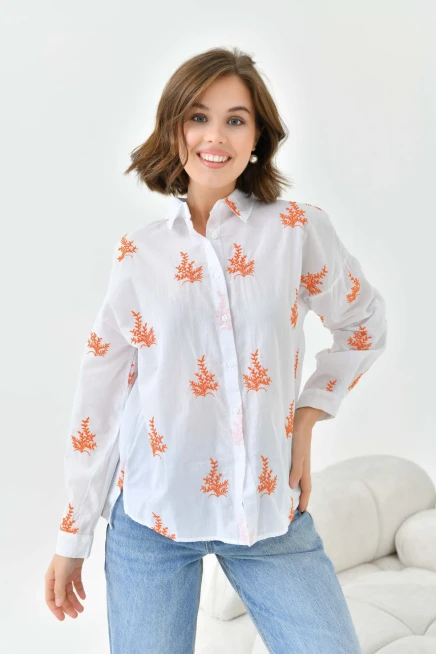 Çiçek Nakış İşlemeli İnce Pamuk Dokuma Gömlek