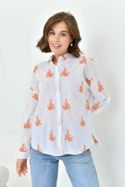 Çiçek Nakış İşlemeli İnce Pamuk Dokuma Gömlek