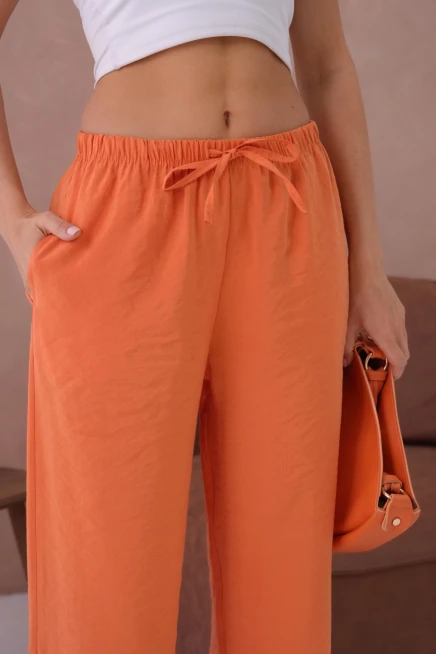 Yüksek Bel Lastikli Bol Paça Palazzo Dokuma Pantolon