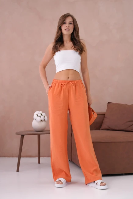 Yüksek Bel Lastikli Bol Paça Palazzo Dokuma Pantolon