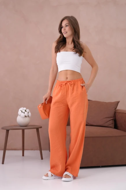 Yüksek Bel Lastikli Bol Paça Palazzo Dokuma Pantolon