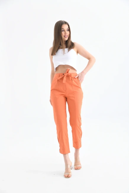 Womens Detailed Waist Tie Gabardine Trousers