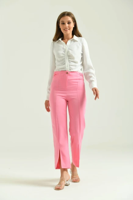 Kadın Pembe Beli Büzgülü Paça Detay Kumaş Pantolon