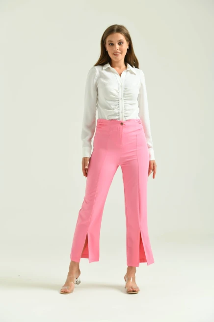 Kadın Pembe Beli Büzgülü Paça Detay Kumaş Pantolon