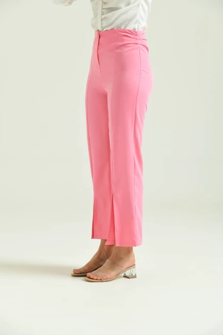 Kadın Pembe Beli Büzgülü Paça Detay Kumaş Pantolon