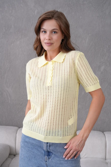 Polo Yaka Ajurlu Kısa Kol Polo Triko Kazak