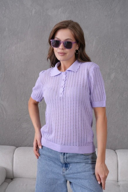 Polo Yaka Ajurlu Kısa Kol Polo Triko Kazak