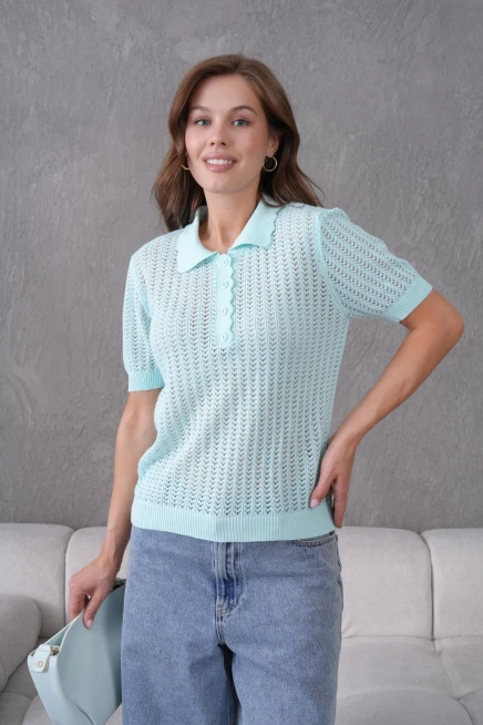 Polo Yaka Ajurlu Kısa Kol Polo Triko Kazak