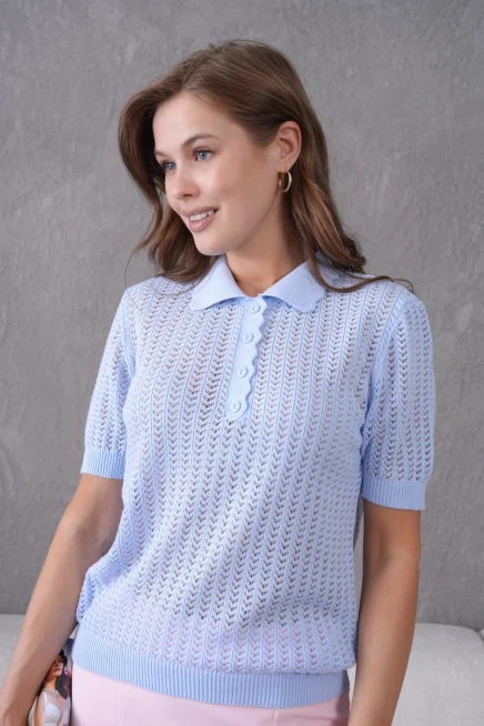 Polo Yaka Ajurlu Kısa Kol Polo Triko Kazak