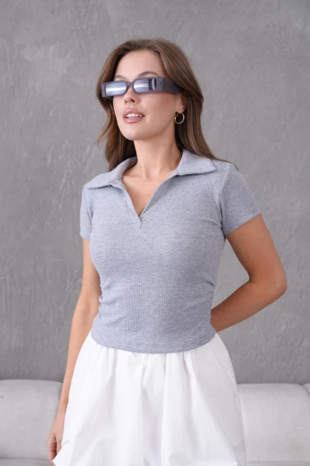 Polo Yaka Büzgü Detay Kısa Kol Slim Fit Kaşkorse Basic T-Shirt