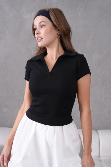 Polo Yaka Büzgü Detay Kısa Kol Slim Fit Kaşkorse Basic T-Shirt