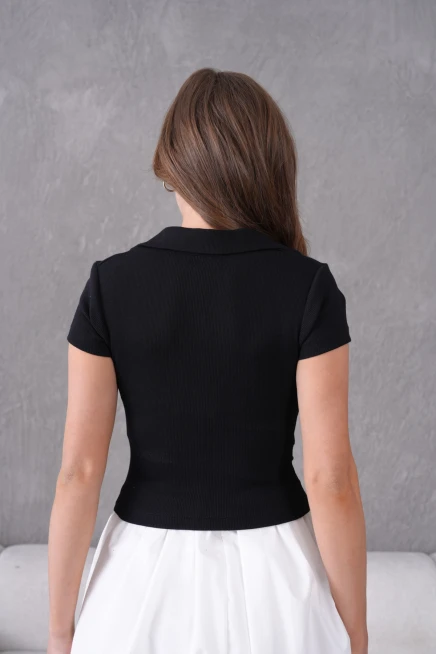 Polo Yaka Büzgü Detay Kısa Kol Slim Fit Kaşkorse Basic T-Shirt