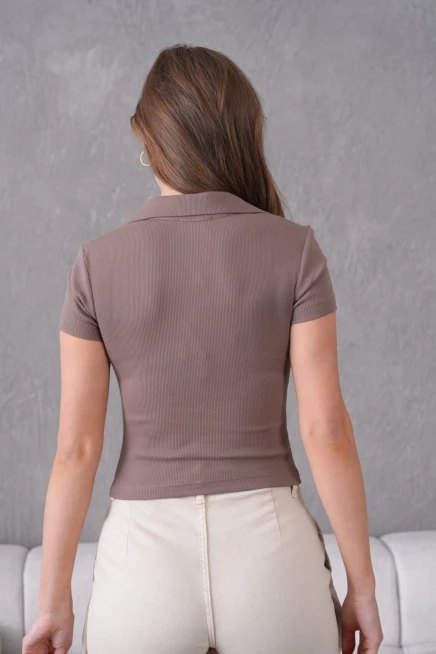 Polo Yaka Büzgü Detay Kısa Kol Slim Fit Kaşkorse Basic T-Shirt