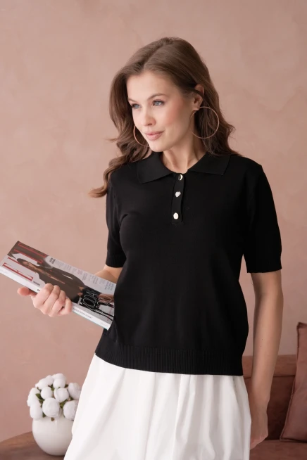 Polo Yaka Düğme Detaylı Triko Kazak