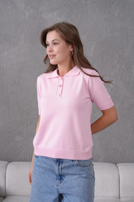 Polo Yaka Düğme Detaylı Triko Kazak