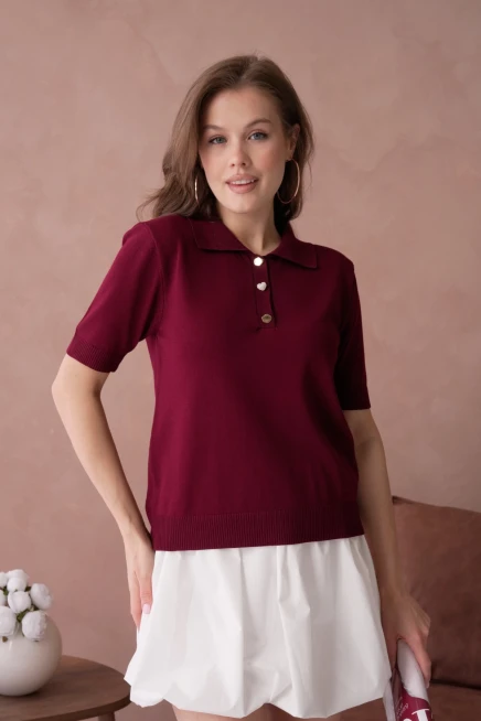 Polo Yaka Düğme Detaylı Triko Kazak
