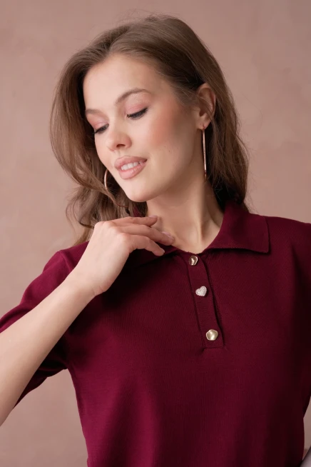 Polo Yaka Düğme Detaylı Triko Kazak