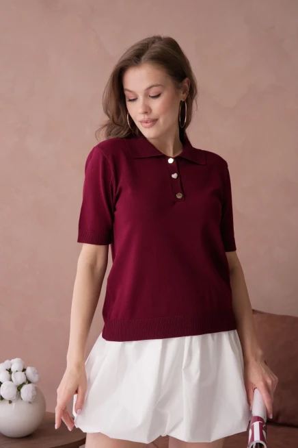 Polo Yaka Düğme Detaylı Triko Kazak