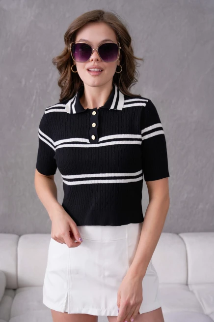 Kısa Kol Çizgili Viscon Triko Kazak