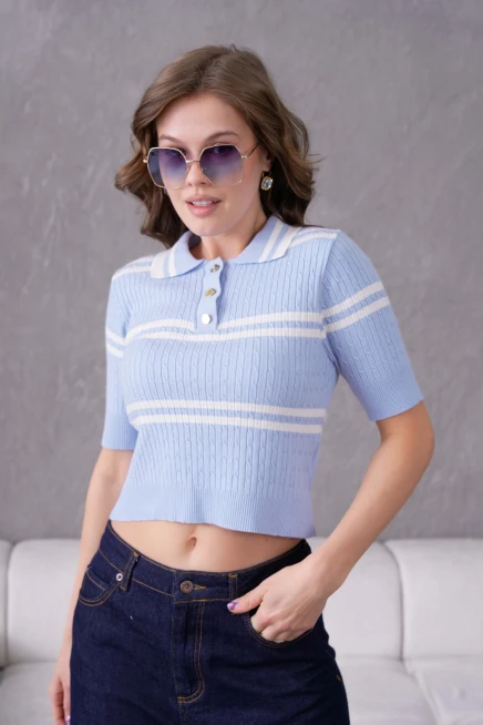 Kısa Kol Çizgili Viscon Triko Kazak