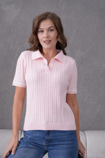 Polo Yaka Saç Örgü Kısa Kol Triko Kazak