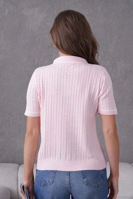 Polo Yaka Saç Örgü Kısa Kol Triko Kazak