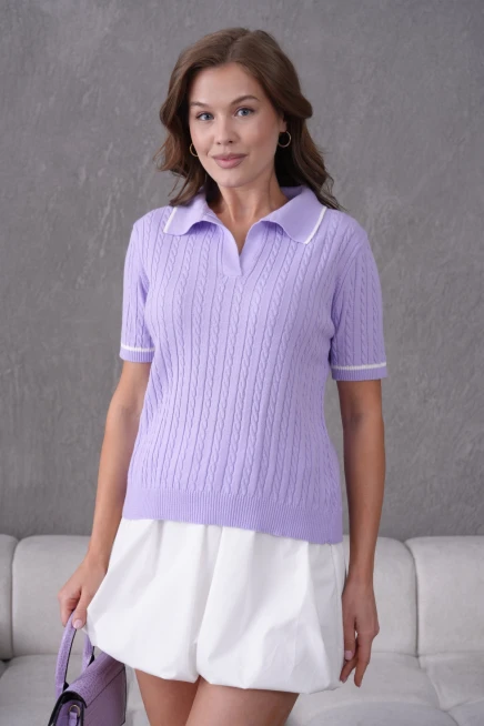 Polo Yaka Saç Örgü Kısa Kol Triko Kazak