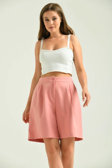 Kadın Pudra Uzun Basic Kumaş Şort