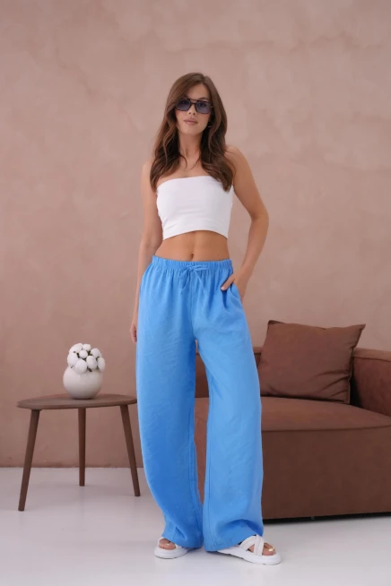 Yüksek Bel Lastikli Bol Paça Palazzo Dokuma Pantolon