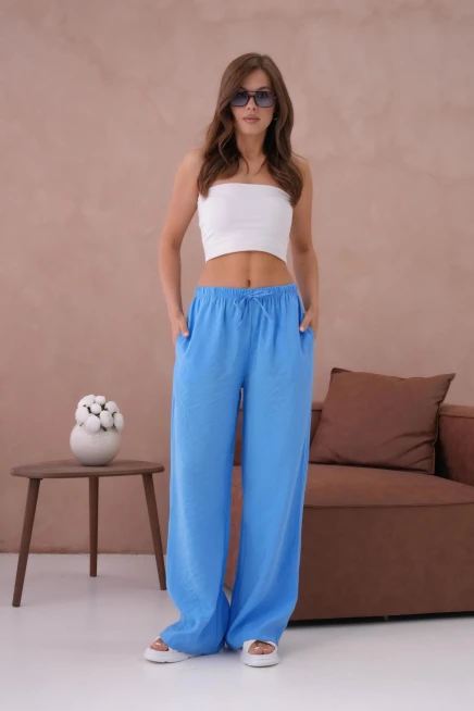 Yüksek Bel Lastikli Bol Paça Palazzo Dokuma Pantolon