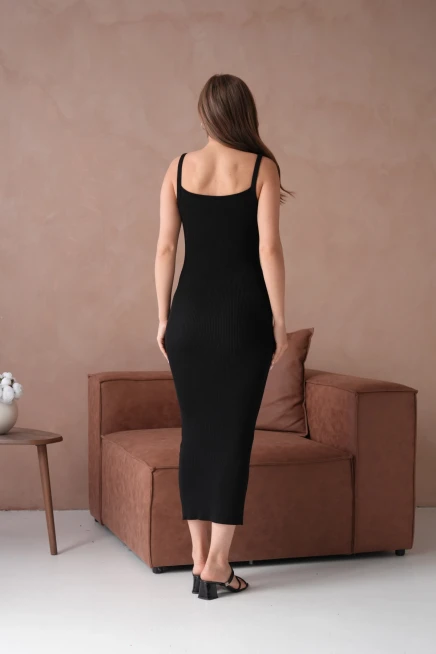 Siyah Askılı Kısa Kollu Maxi Elbise