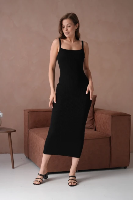 Siyah Askılı Kısa Kollu Maxi Elbise
