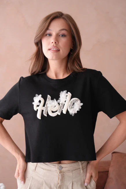 Siyah Yazlık Crop Basic T-Shirt