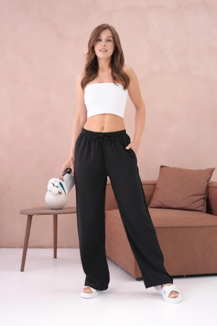 Yüksek Bel Lastikli Bol Paça Palazzo Dokuma Pantolon
