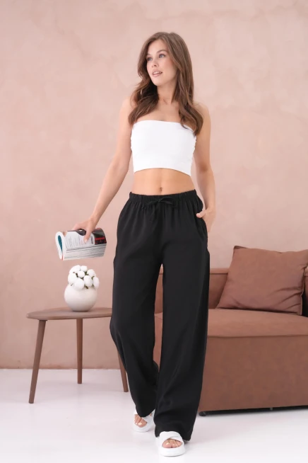 Yüksek Bel Lastikli Bol Paça Palazzo Dokuma Pantolon