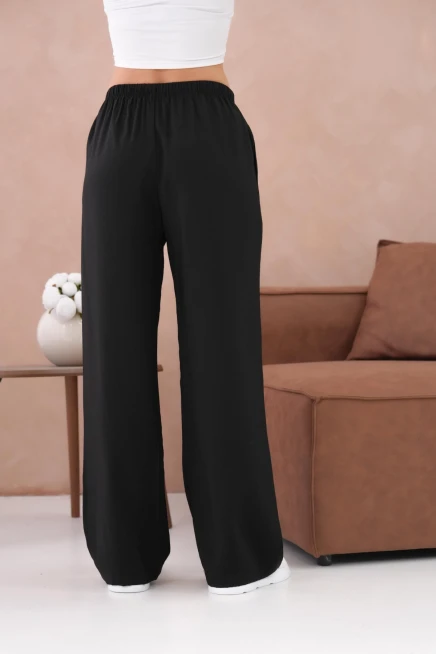 Yüksek Bel Lastikli Bol Paça Palazzo Dokuma Pantolon