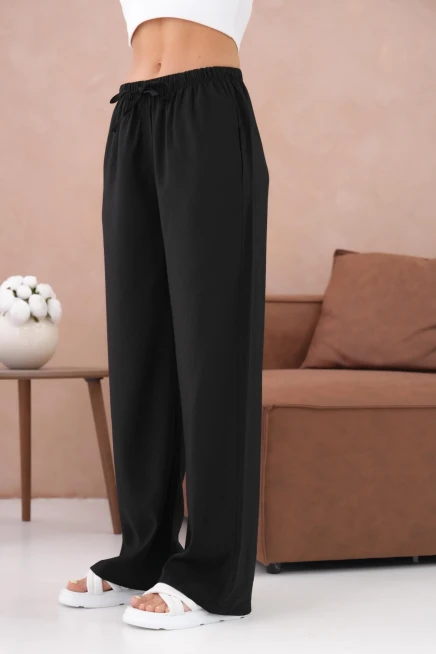 Yüksek Bel Lastikli Bol Paça Palazzo Dokuma Pantolon