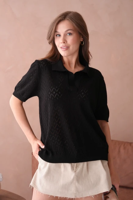 Kısa Kol Salaş Yazlık Polo Yaka Triko T-Shirt