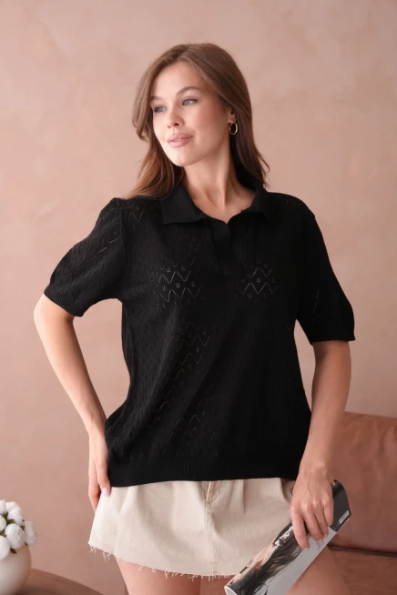 Kısa Kol Salaş Yazlık Polo Yaka Triko T-Shirt