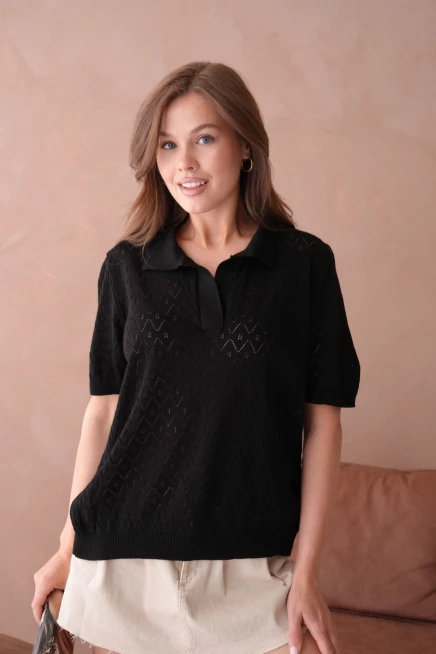 Kısa Kol Salaş Yazlık Polo Yaka Triko T-Shirt